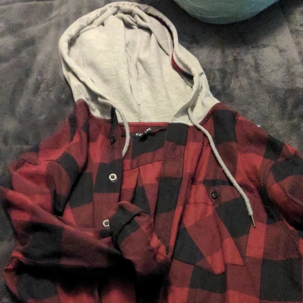 Maroon Black Flannel With Grey Hood Attached